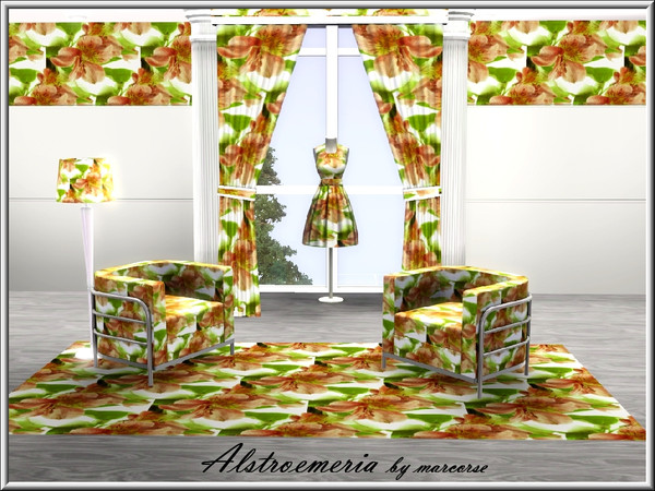Sims 3 — Alstroemeria_marcorse by marcorse — Fabric pattern: pale red alstroemeria flowers and leaves