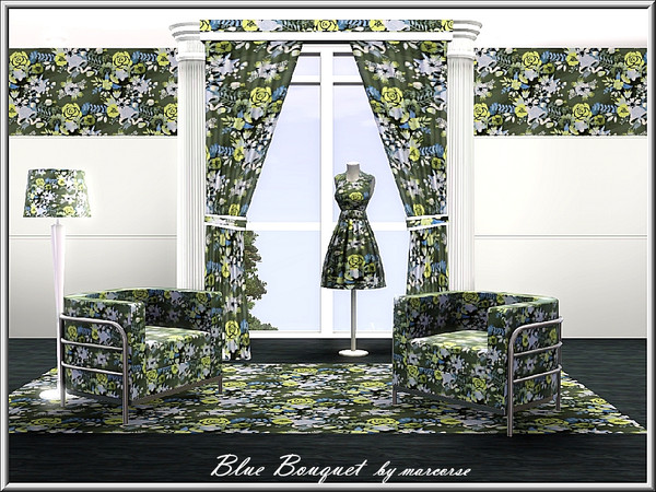 Sims 3 — Blue Bouquet_marcorse by marcorse — Fabric pattern: blue and yellow bouquets on grey