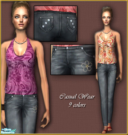 Sims 2 — SO_Collection_236 by Sophel21 — printed floaty cami Top (halter neck) with jeans, that have rhinestone