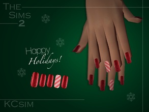 Sims 2 — Holiday Nails by KCsim — Holiday red glitter nails with a candy cane design on an accent nail :) Remember to