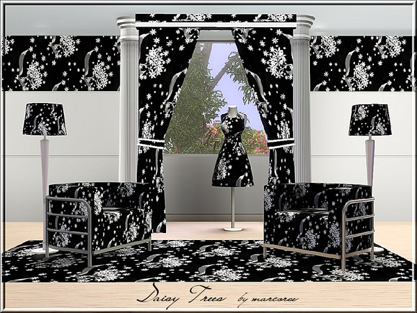 Sims 3 — Daisy Trees_marcorse by marcorse — Fabric pattern: monochrome design of stylised daisy trees - white on black