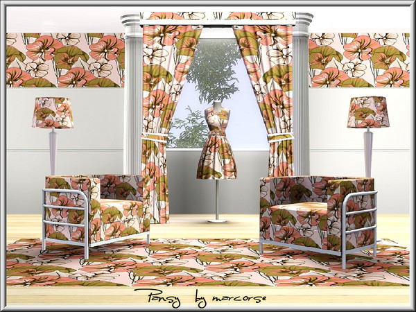 Sims 3 — Pansy_marcorse by marcorse — Fabric pattern: pink and brown pansies in a regular repeat design