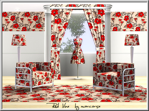 Sims 3 — Red Vine_marcorse by marcorse — Fabric pattern: repeat design of red trumpet vines.