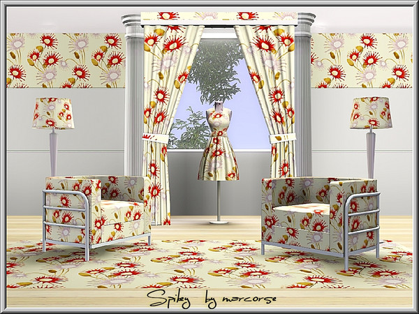 Sims 3 — Spikey_marcorse by marcorse — Fabric pattern: spikey flowers in red and white with buds