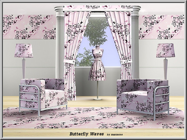 Sims 3 — Butterfly Waves_marcorse by marcorse — Fabric pattern: pale pink wave design of style elements and butterflies