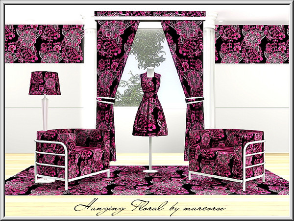 Sims 3 — Hanging Floral_marcorse by marcorse — Fabric pattern: suspended trails of flowers and ferny leaves in raspberry