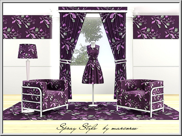 Sims 3 — Spray Style_marcorse by marcorse — Fabric pattern: stylised floral spray in shades of purple, green and white