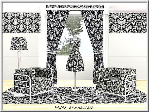 Sims 3 — Fans_marcorse by marcorse — Abstract pattern: white fan damask on black