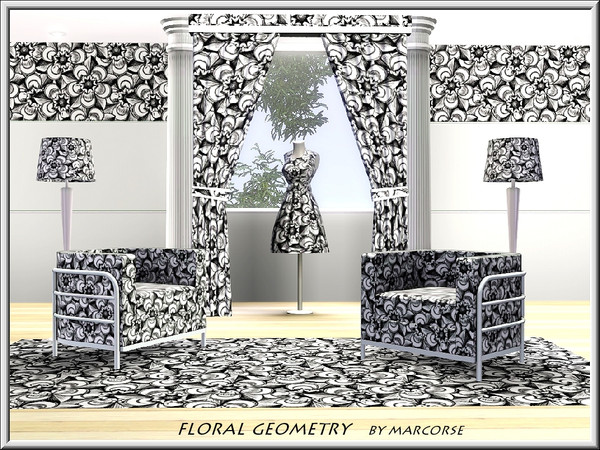 Sims 3 — Floral Geometry_marcorse by marcorse — Abstract pattern: geometric flowers in black and white