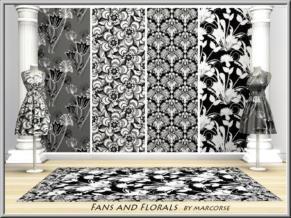 Sims 3 — Fans and Florals_marcorse by marcorse — Four patterns in shades of black, grey and white. Light and Dark and