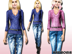 Sims 3 — V Neck Sweater / Sandblasted Jeans by Harmonia — V Neck Sweater with belted and Sandblasted Skinny Jeans 3