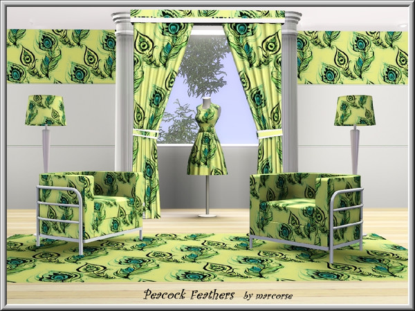 Sims 3 — Peacock Feathers_marcorse by marcorse — Themed pattern: peacock feathers in two sizes, blue and green on yellow
