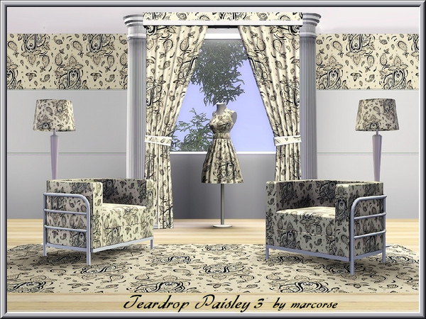 Sims 3 — TeardropPaisly_marcorse by marcorse — Fabric pattern classic teardrop paisley design in yellow and grey. 