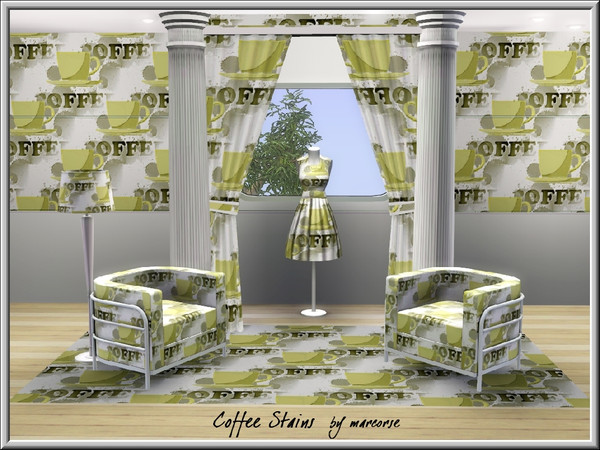 Sims 3 — Coffee Stains_marcorse by marcorse — Themed pattern: a cup of coffee, coffee stains and text in a regular repeat