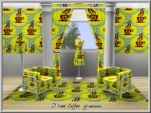 Sims 3 — I Love Coffee_marcorse by marcorse — Themed pattern: steaming coffee cups in a regular repeat design in yellow,