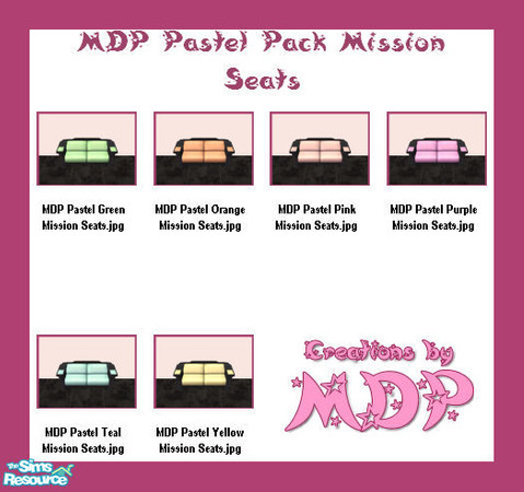 Sims 2 — MDP Pastel Pack Mission Seats by MelandStv — There are 6 colourful upholsteries in this set. Colours the living