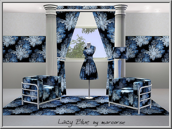 Sims 3 — Lacy Blue_marcorse by marcorse — Fabric pattern: lacey blue and white flowers on black