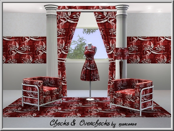 Sims 3 — Checks and Overchecks_marcorse by marcorse — Fabric pattern: red/brown and white floral overcheck design