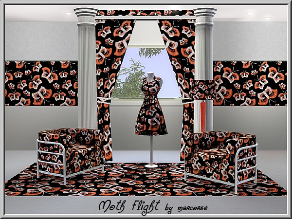 Sims 3 — Moth Flight_marcorse by marcorse — Fabric pattern: a flight of orange moths on black