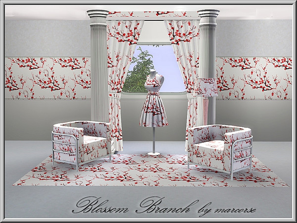 Sims 3 — Blossom Branch_marcorse by marcorse — Fabric pattern: branch of red blossom on white.