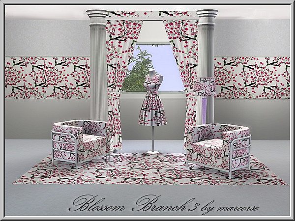 Sims 3 — Blossom Branch 3_marcorse by marcorse — Fabric pattern: red Japanese blossom branches in an allover design