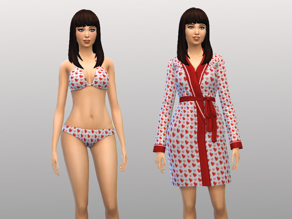 Sims 4 — Valentine Bikini & Robe Set by kmercer12 — Valentine bikini and robe set with pink and red hearts. Top,