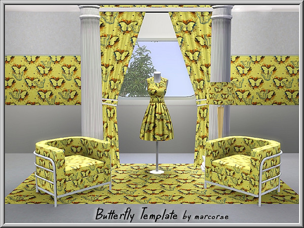Sims 3 — Butterfly Template_marcorse by marcorse — Themed pattern: butterfly shapes and paint spatters on yellow