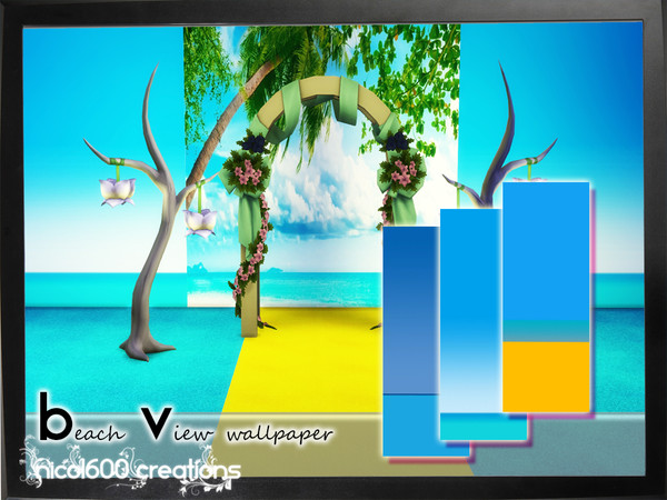 Sims 4 — Beach View wallpaper by nicol6002 — Beach View wallpaper includes 3 different wallpapers in bright colors.