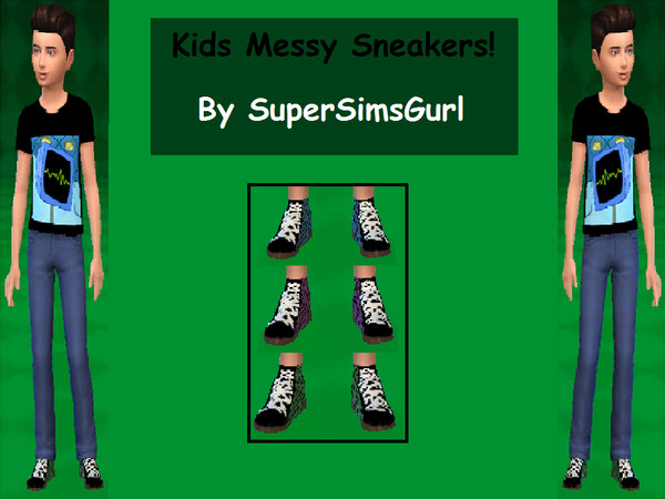 Sims 4 — Messy Sneakers by SuperSimsGurl — Messy sneakers for male children only. Comes in 3 colors, blue, green, and