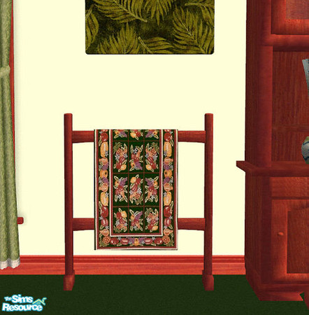 Sims 2 — Shaker Dining Room in Chaktekok - "Fruitbox" rug. by TSR Archive — Fruitbox rug on a quilt stand.