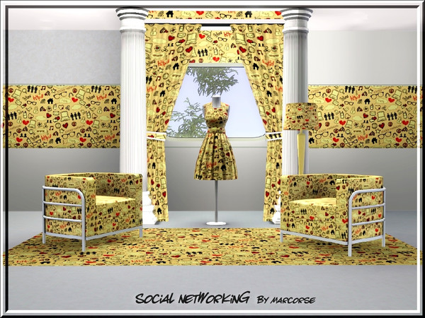 Sims 3 — Social Networking_marcorse by marcorse — Themed pattern: social networking symbols in a random design in yellow,