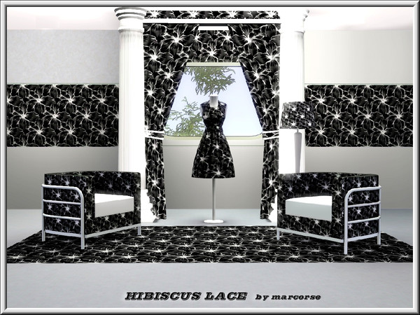 Sims 3 — Hibiscus Lace_marcorse by marcorse — Fabric pattern: black and white hibiscus lace design