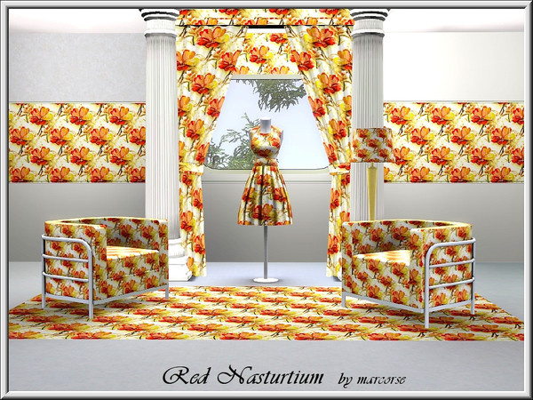 Sims 3 — Red Nasturtium_marcorse by marcorse — Fabric pattern: sweet red nasturtium flowers on white.