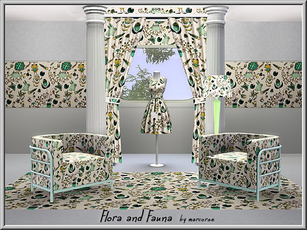 Sims 3 — Flora  and  Fauna_marcorse by marcorse — Fabric pattern animals and flowers in green and yellow on white.