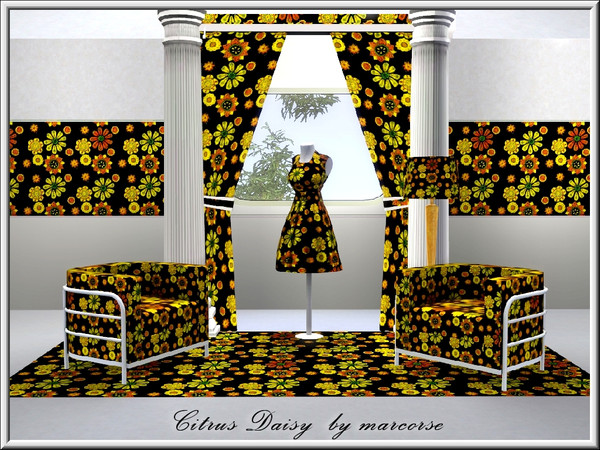 Sims 3 — Citrus Daisy_marcorse by marcorse — Fabric pattern: allover daisy design in citrus tones on black
