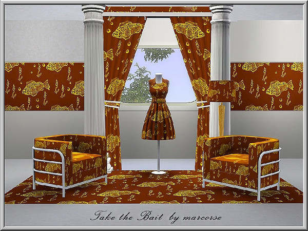 Sims 3 — Take the Bait_marcorse by marcorse — Fabric pattern: wary fish and baited hook in brown and yellow