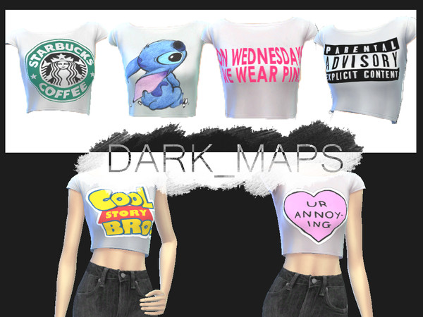 Sims 4 — Random Crop Tops [DM] by Dark_Maps — Six random crop tops! Starbucks, Stitch, Mean Girls, Parental Advisory, Toy