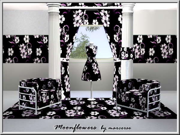 Sims 3 — Moonflowers_marcorse by marcorse — Fabric pattern: black and white floral with a touch of moonlight purple.