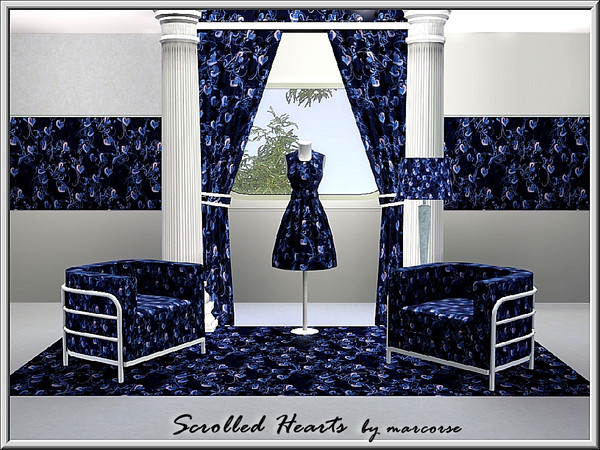 Sims 3 — Scrolled Hearts_marcorse by marcorse — Fabric pattern: fancy scrollwork and floating hears in shades of blue.