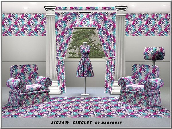 Sims 3 — Jigsaw Circles_marcorse by marcorse — Geometric pattern: circular jigsaws in pink, blue and aqua.
