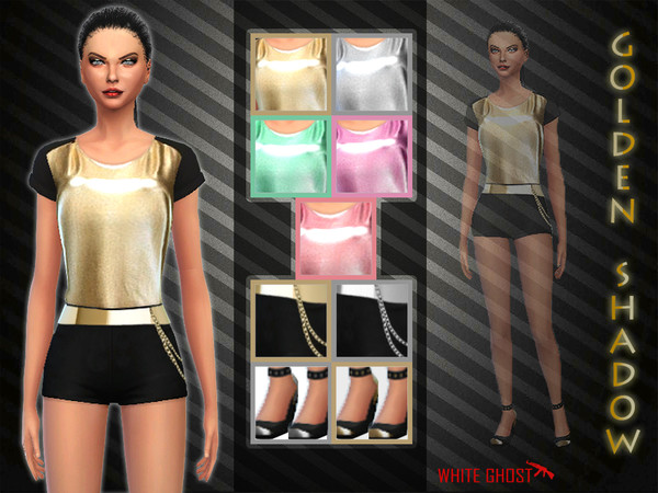 Sims 4 — [Set] - Golden Shadow by WhiteGhost — ~Type of clothing: Set of T-shirt, shorts and heels. ~Color/s [Top]: Gold.