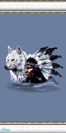 Sims 2 — native spirits 7 by skinflin — wall has moody blues and indian spirit pics, decoratived white moulding..