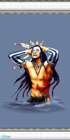 Sims 2 — native spirits 3 by skinflin — wall has moody blues and indian spirit pics, decoratived white moulding..