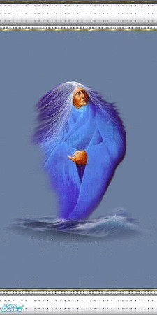 Sims 2 — native spirits 1 by skinflin — wall has moody blues and indian spirit pics, decoratived white moulding..