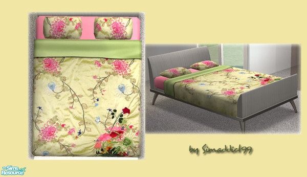 Sims 2 — Embroidered Bedding Green  by Simaddict99 — Luxurious, soft green silk bedding covered in pink embroidered
