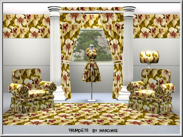 Sims 3 — Trumpets_marcorse by marcorse — Fabric pattern: pale yellow trumpet blooms with purple veins.