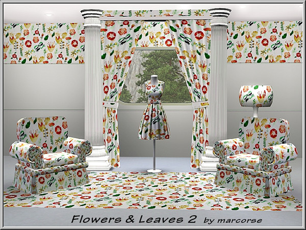 Sims 3 — Flowers and Leaves2_marcorse by marcorse — Fabric pattern - multiple flowers, leaves and bows in a random repeat