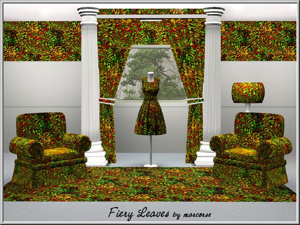 Sims 3 — Fiery Leaves_marcorse by marcorse — Fabric pattern: all-over leaf design in flame colours on green.