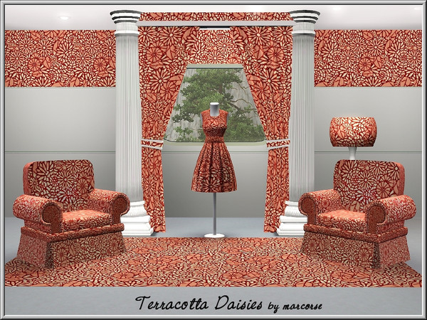 Sims 3 — Terracotta Daisies_marcorse by marcorse — Fabric pattern: multiple daisy forms in terracotta tonings