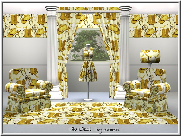 Sims 3 — Go West_marcorse by marcorse — Themed pattern: western themed articles in a repeat design in yellow and brown.